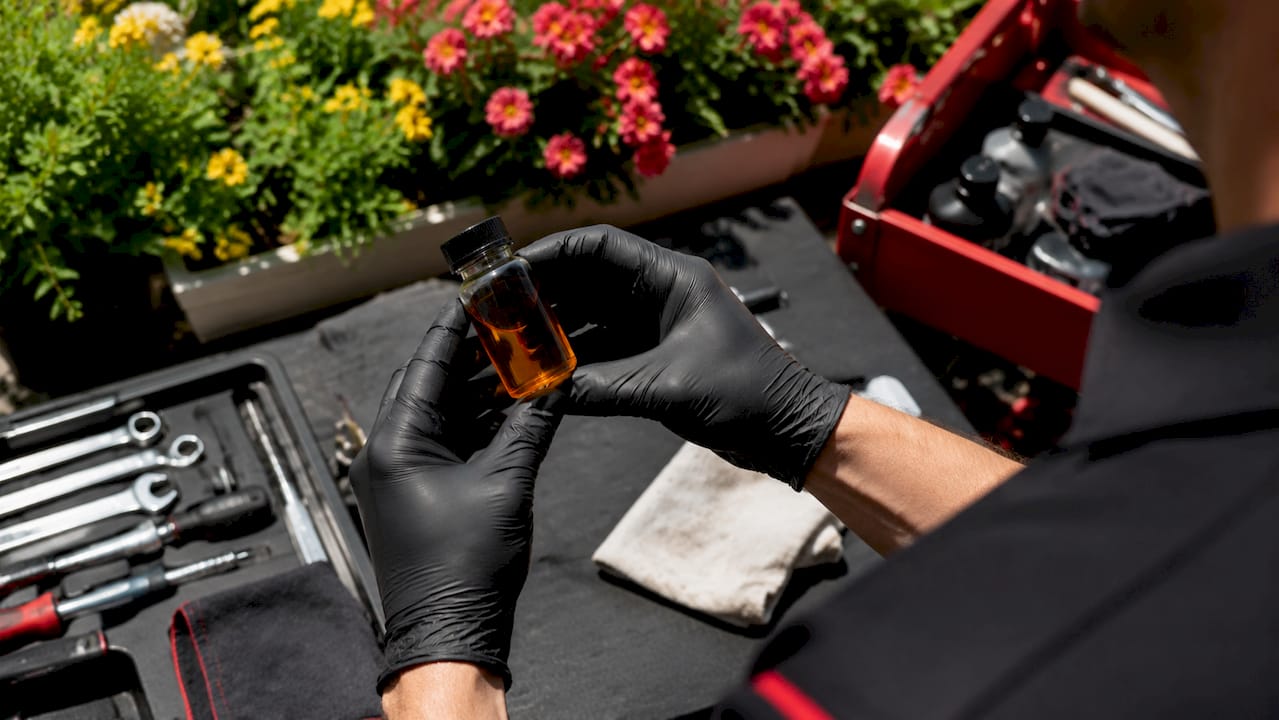 Technician holding fresh oil sample bottle