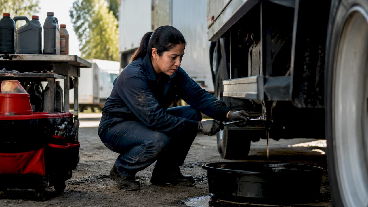 Mechanic performing oil change on fleet truck