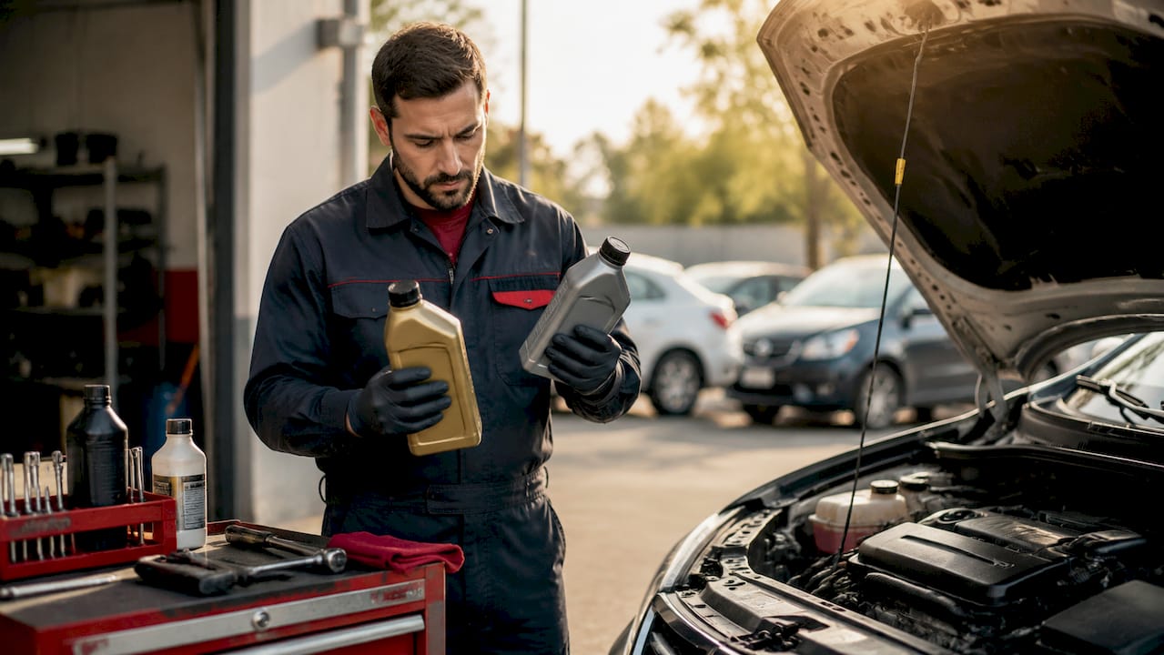 Hands comparing motor oil bottles by car engine