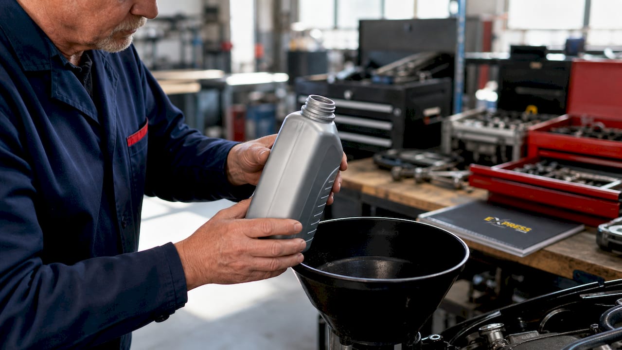 Hands holding 0W-20 engine oil bottle in garage