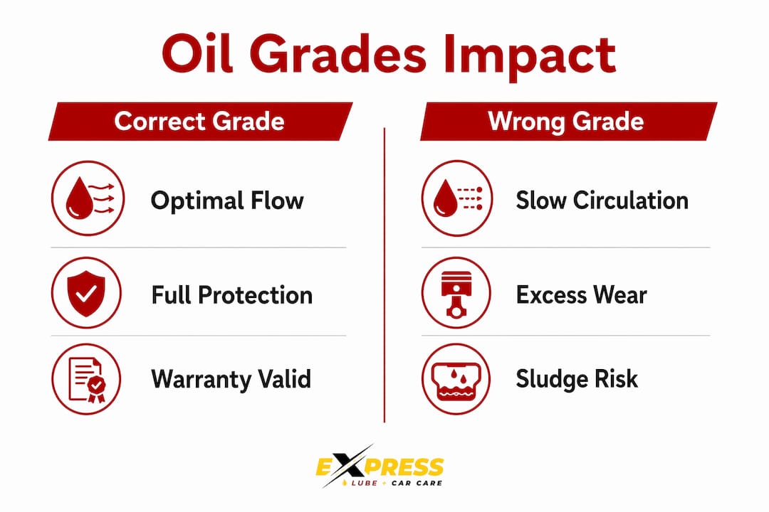 Infographic contrasting effects of correct vs wrong oil grades