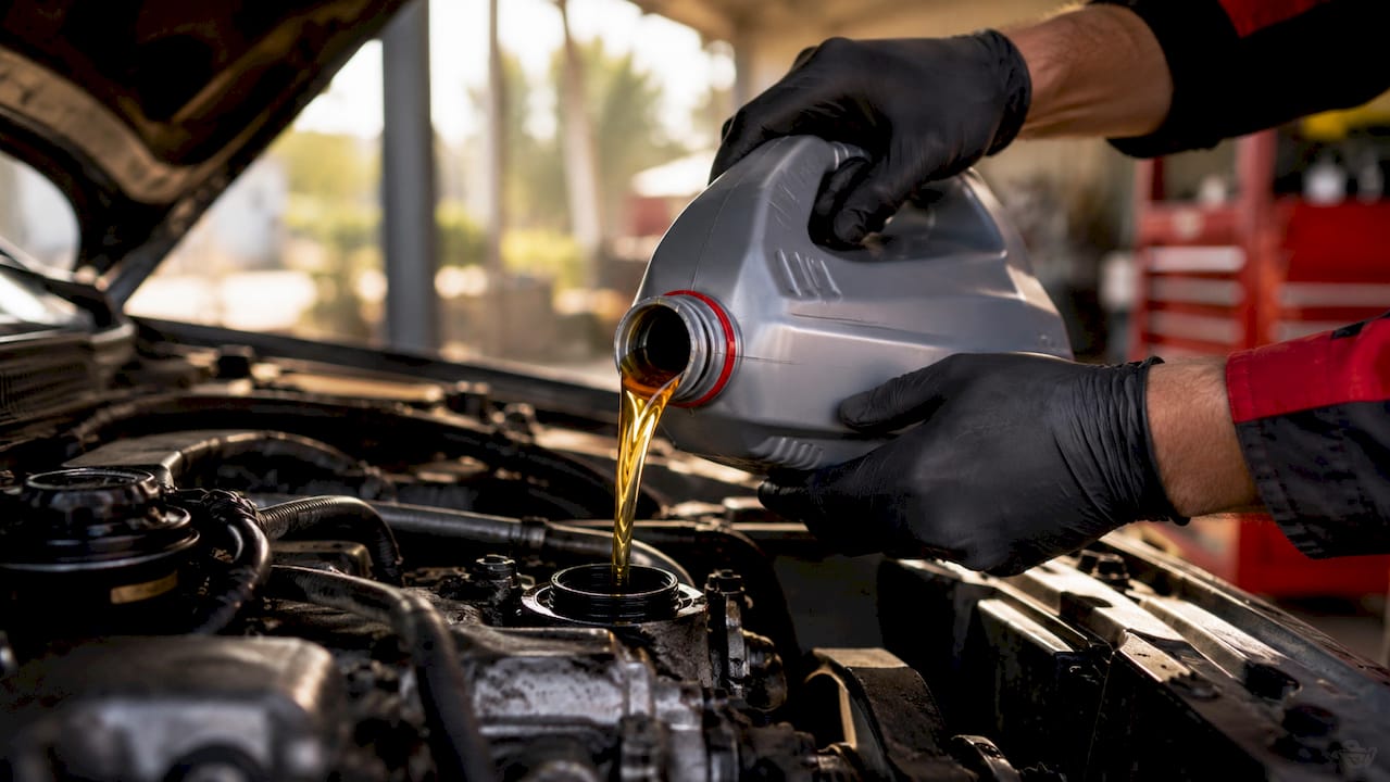 Hands pouring motor oil into engine