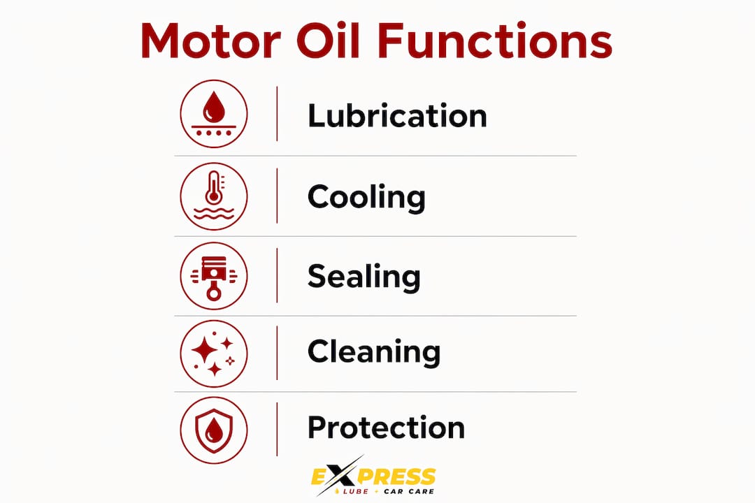 Infographic showing motor oil five key functions