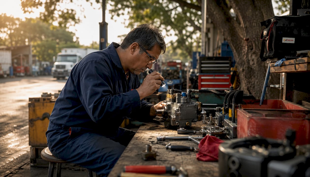 Technician inspecting ambulance hydraulic part