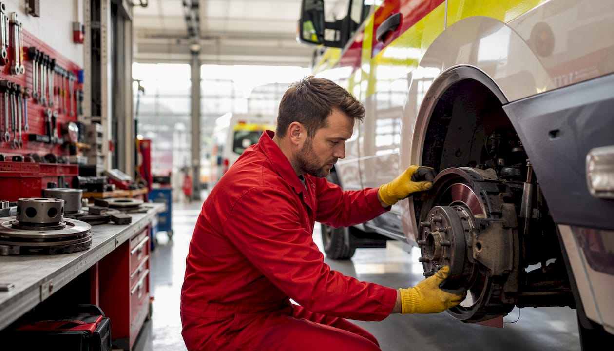 Mechanic servicing fire truck brakes