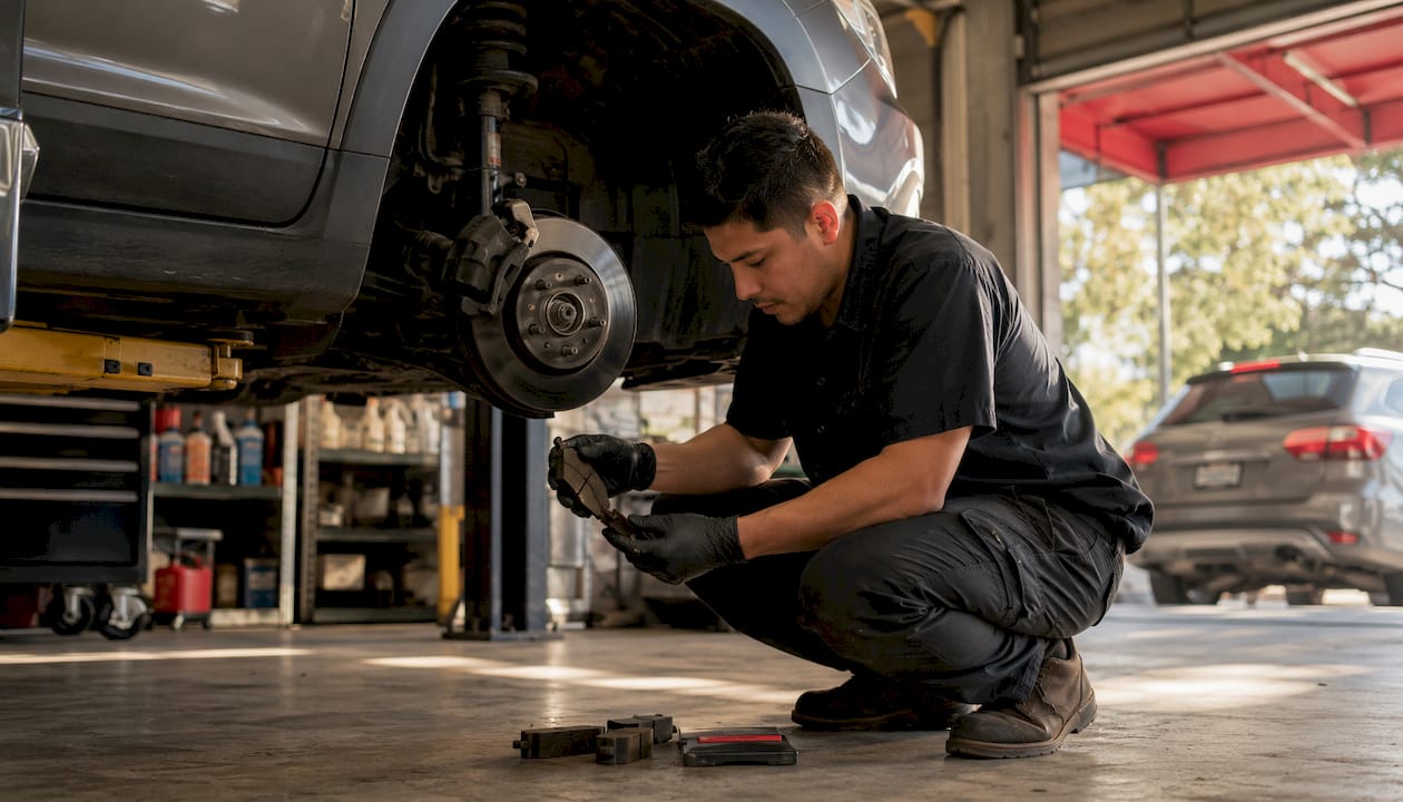 Man inspecting brakes to reduce wear