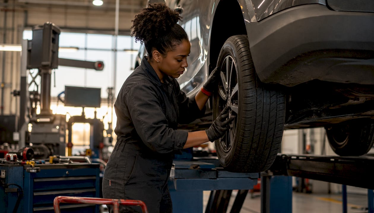 Technician rotating car tire in workshop