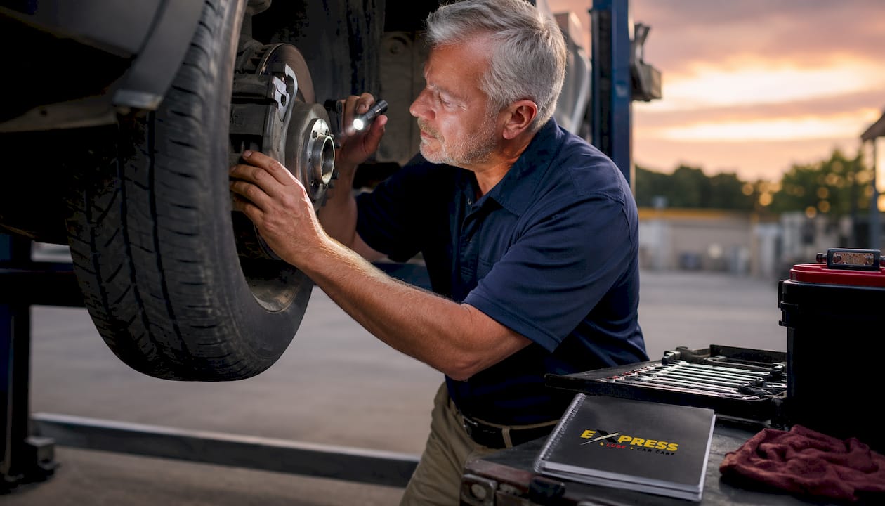 Mechanic inspecting car brake system