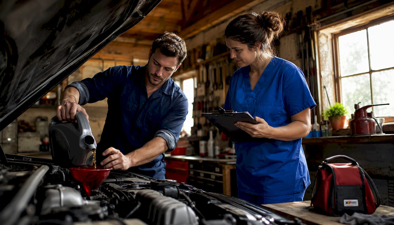 Healthcare worker waiting in local auto shop