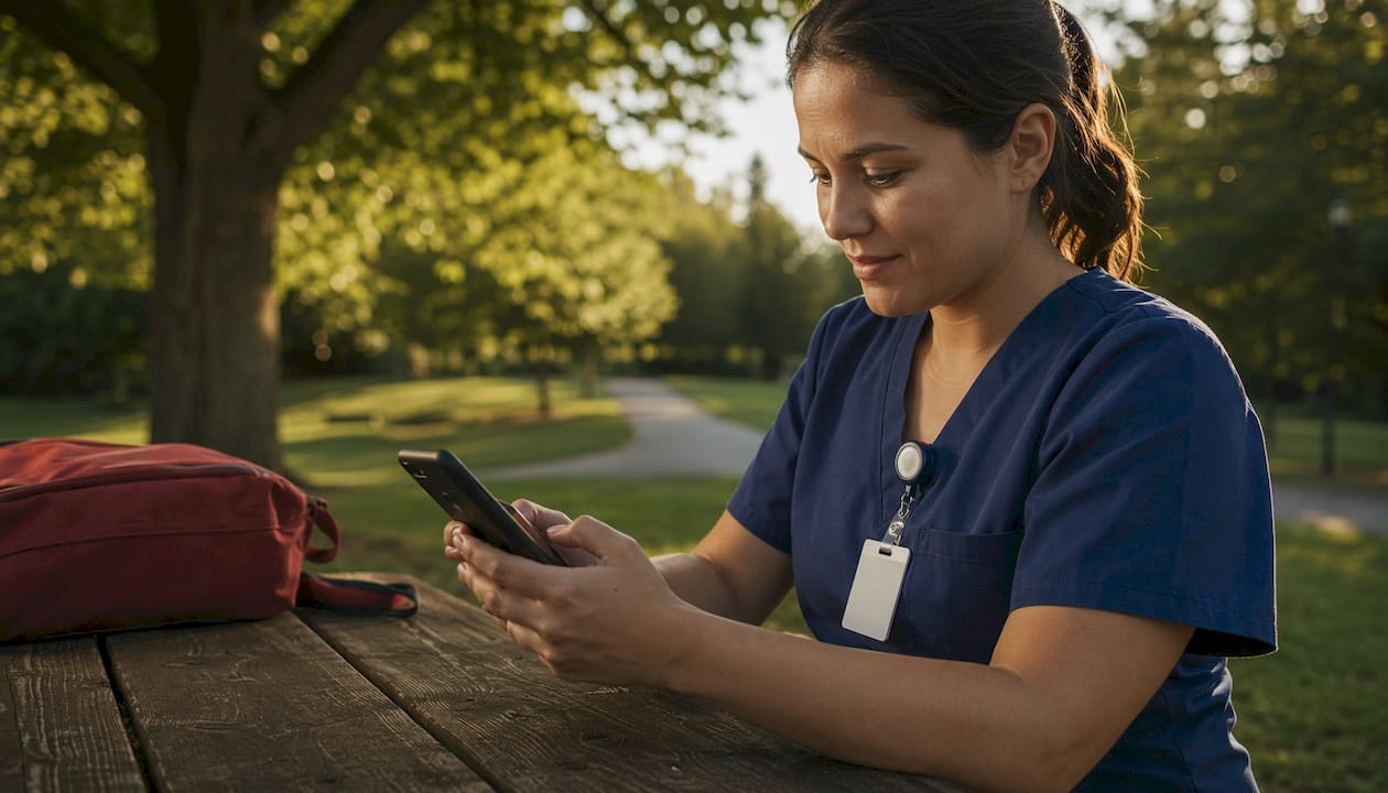 Healthcare worker using phone for discount verification