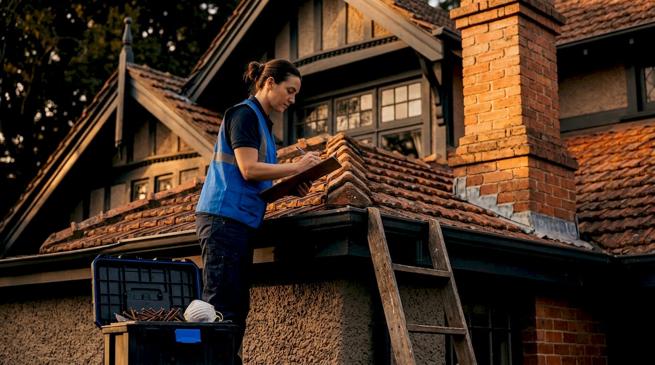 Technician performing roof inspection on heritage home