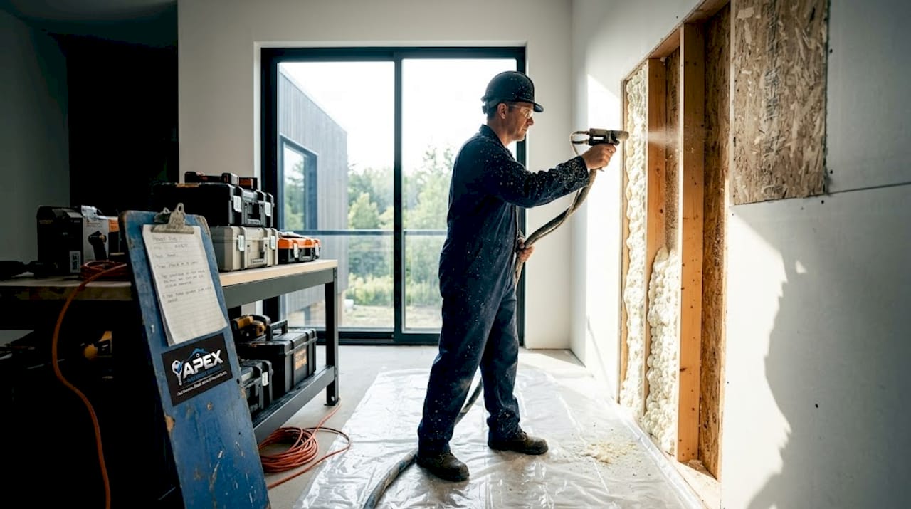 Worker installing spray foam insulation in wall
