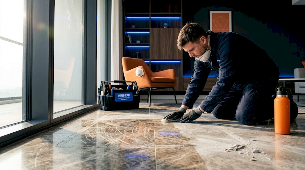 Restoration technician buffing scratched marble floor
