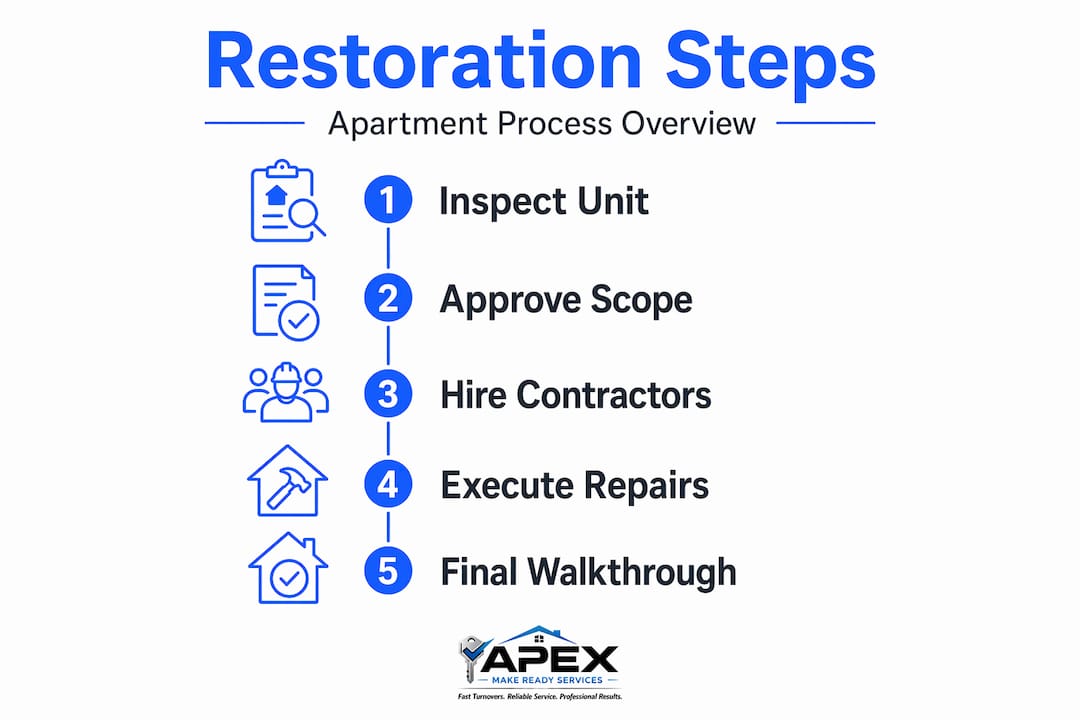 Infographic showing five steps in apartment restoration