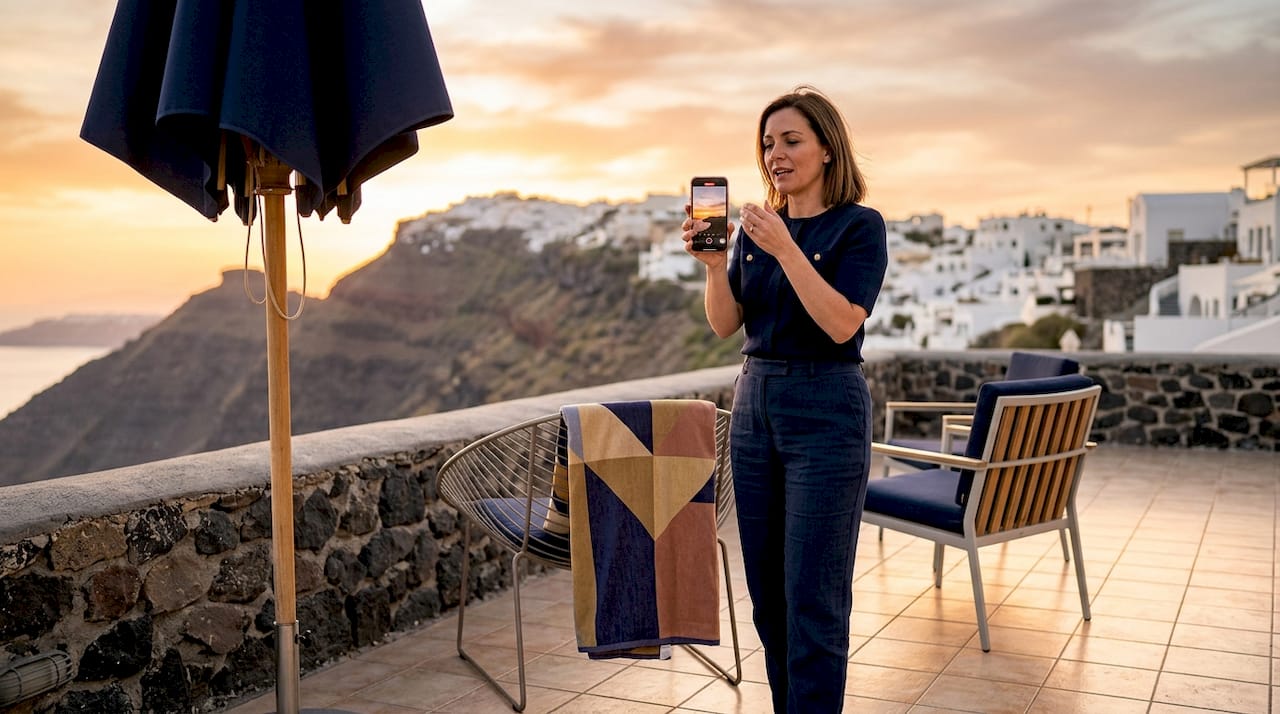 Host filming sunset view from villa terrace