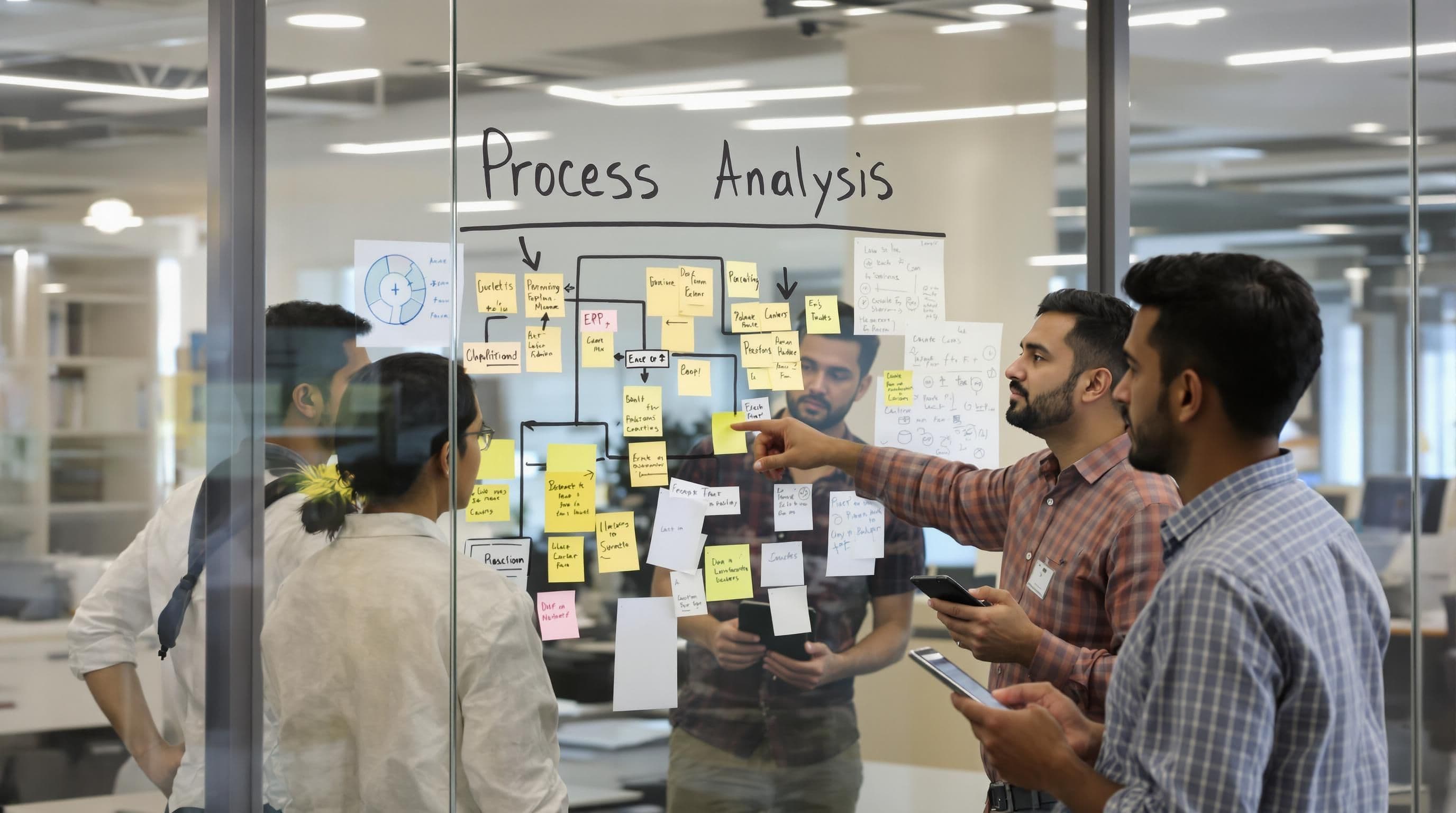 Team collaborates on workflow charts with 'Process Analysis' on glass wall