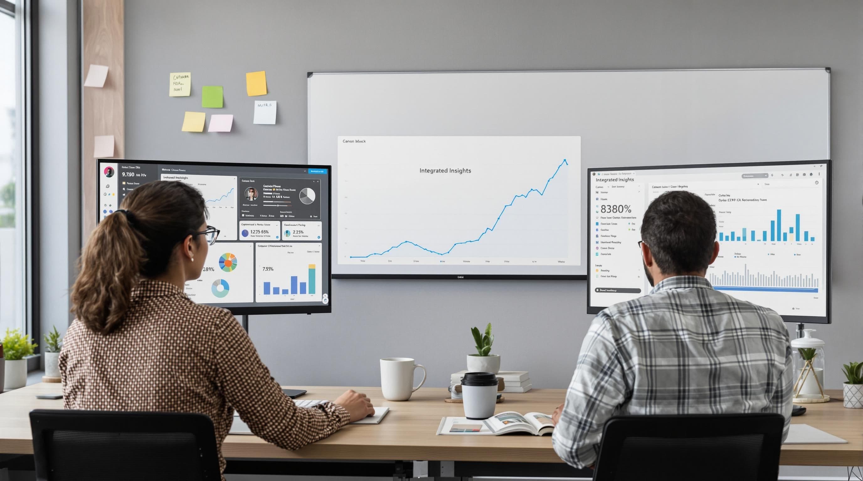 Colleagues collaborating on ERP and CRM systems with integrated dashboards