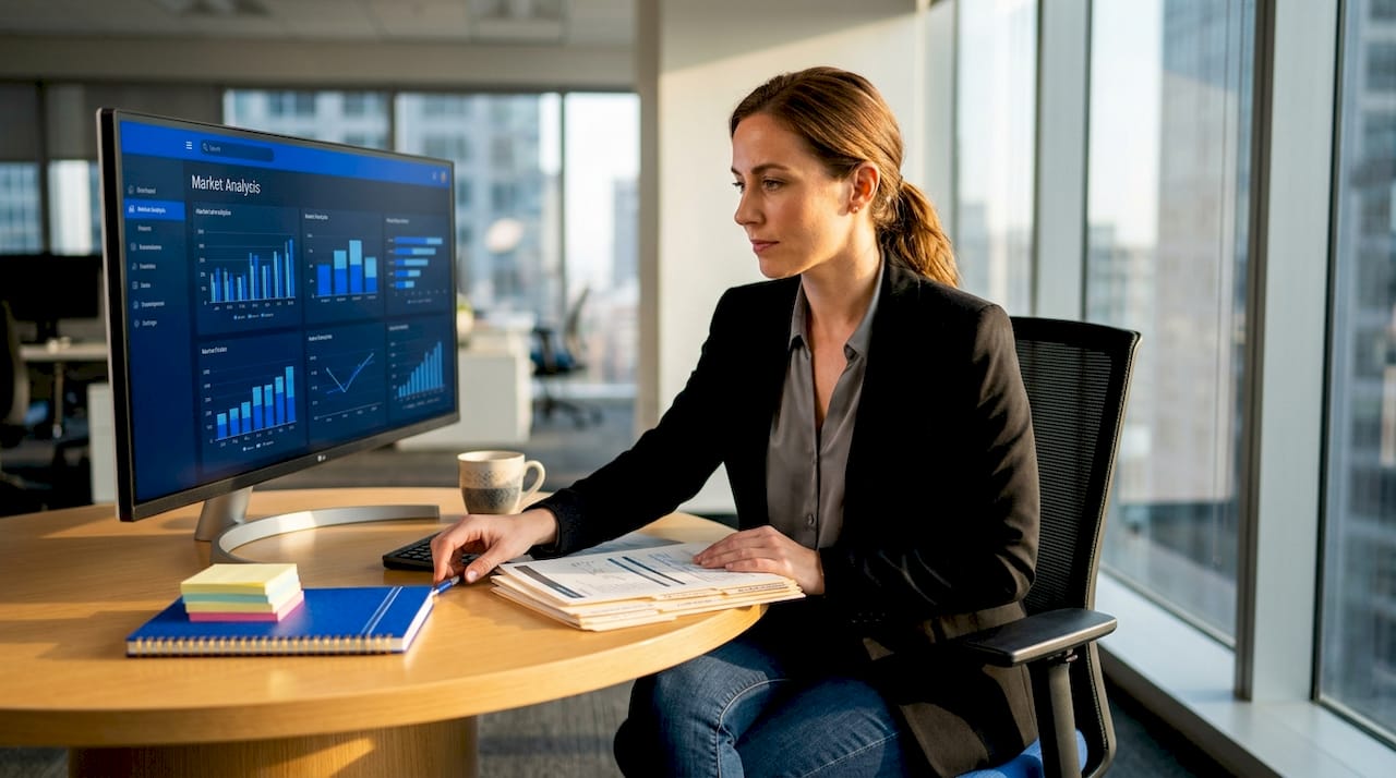 Analyst examining financial metrics on computer