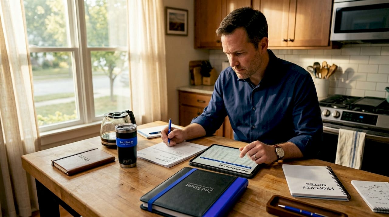 Landlord budgeting repairs at kitchen table
