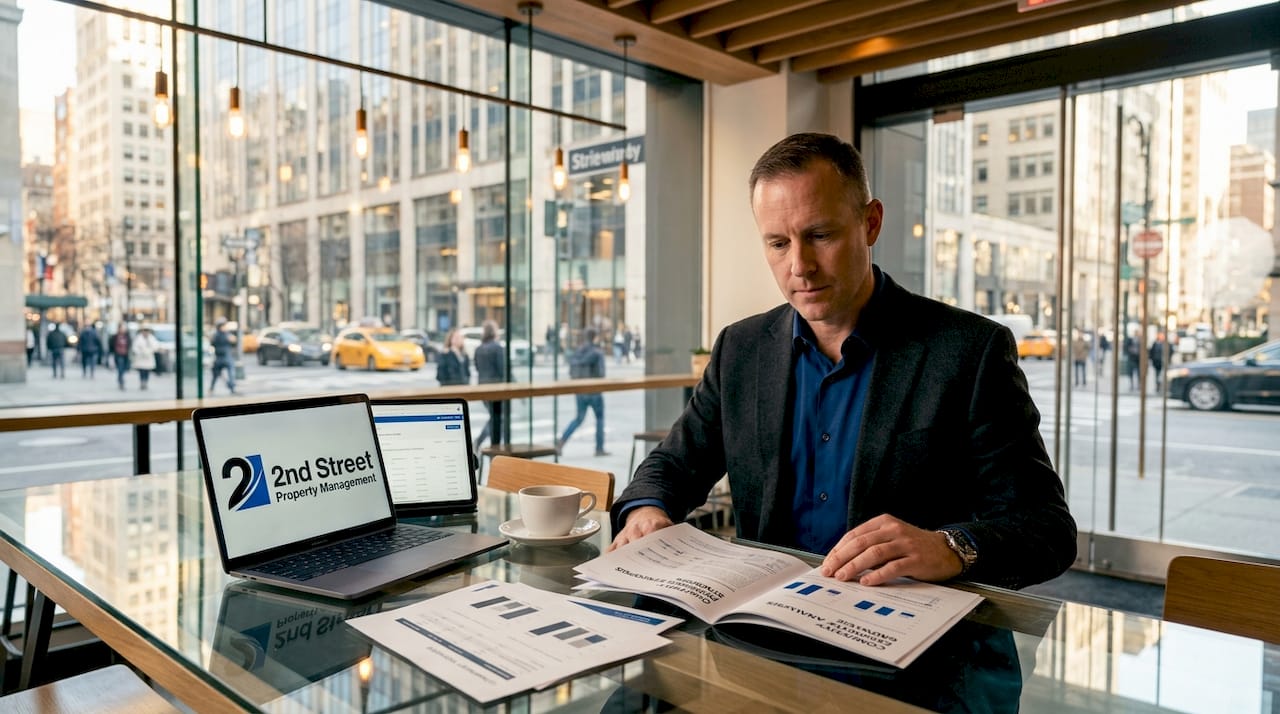 Asset manager reviewing portfolio in bright office