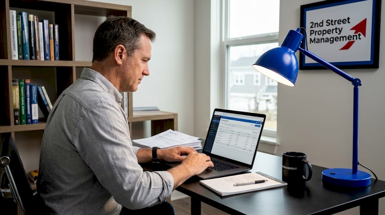Landlord managing property fees at home office desk