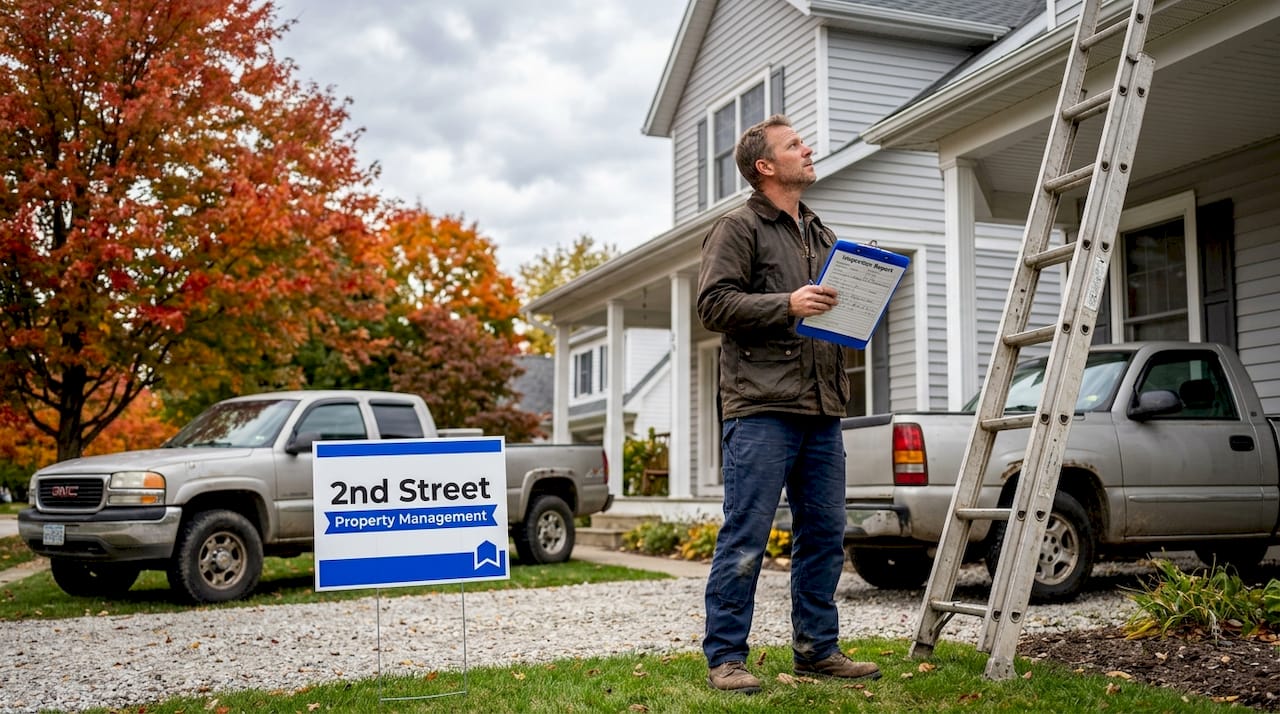 Contractor evaluating rental property roof repairs