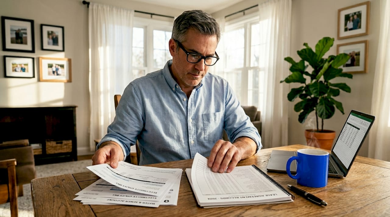 Landlord sorting utility bills at table