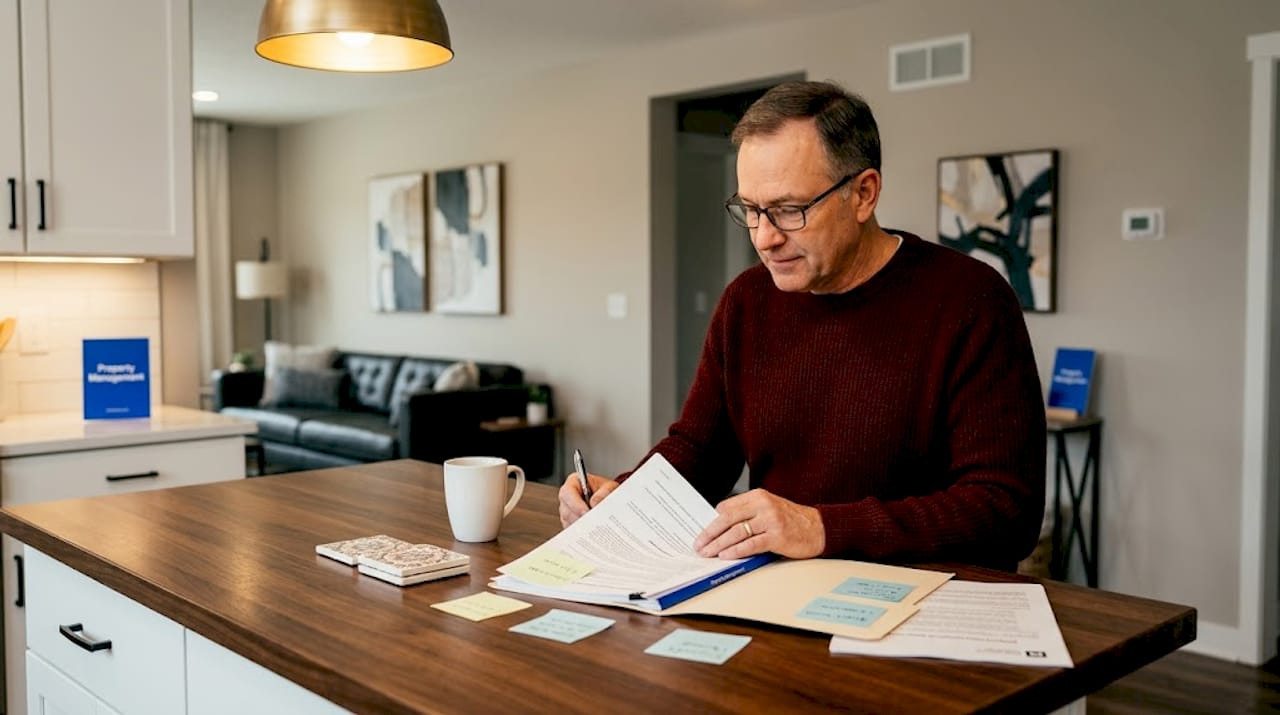 Landlord reviewing property agreement at kitchen counter