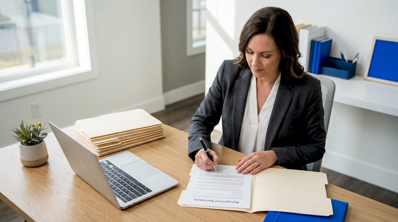 Property manager signing agreement at desk