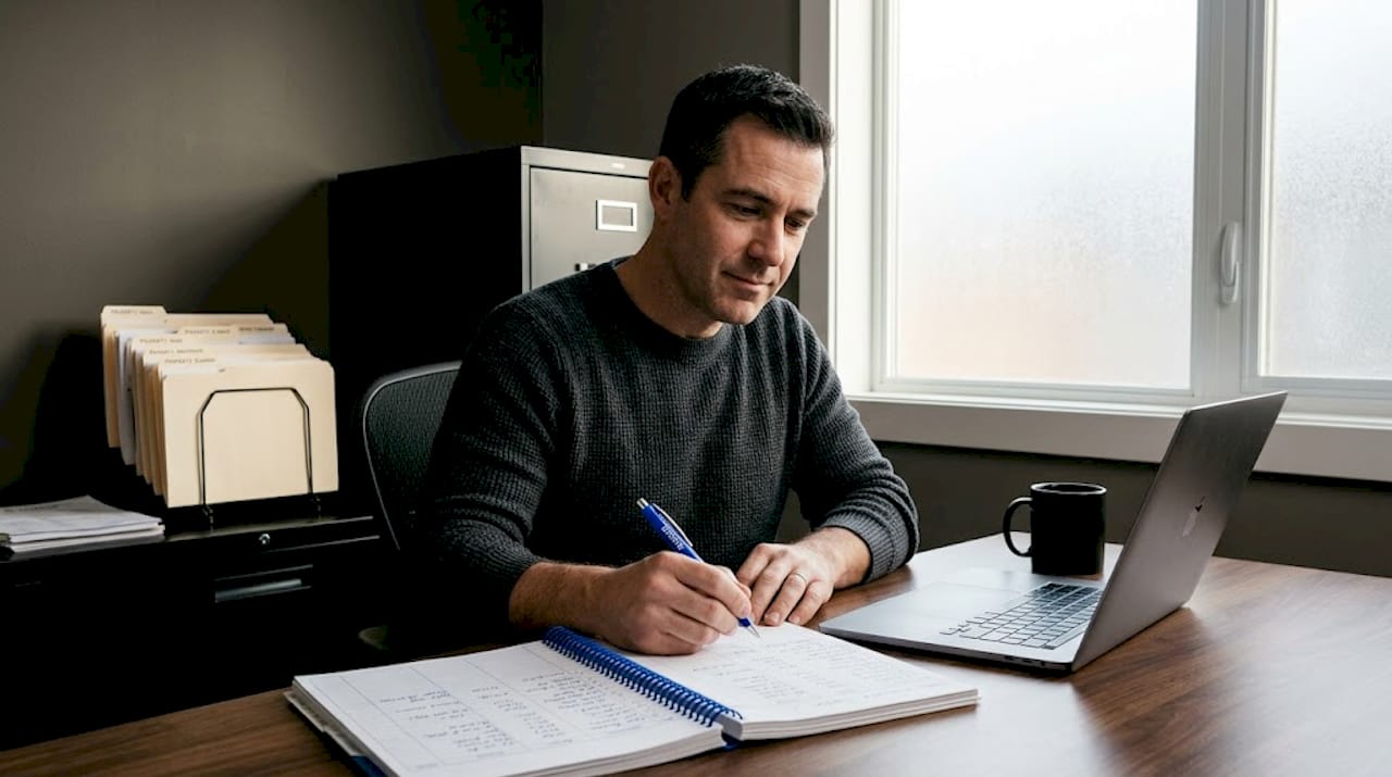 Landlord updating rental LLC records at home desk