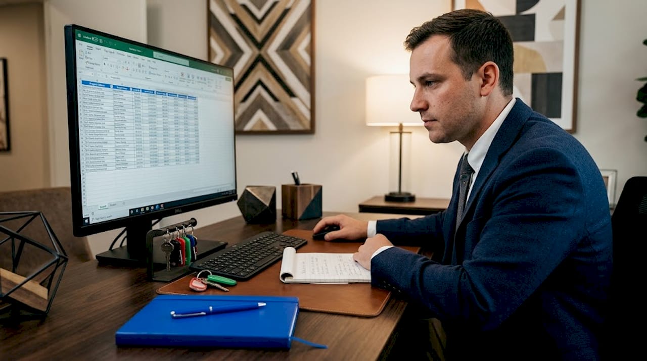 Manager reviewing property list in modest office