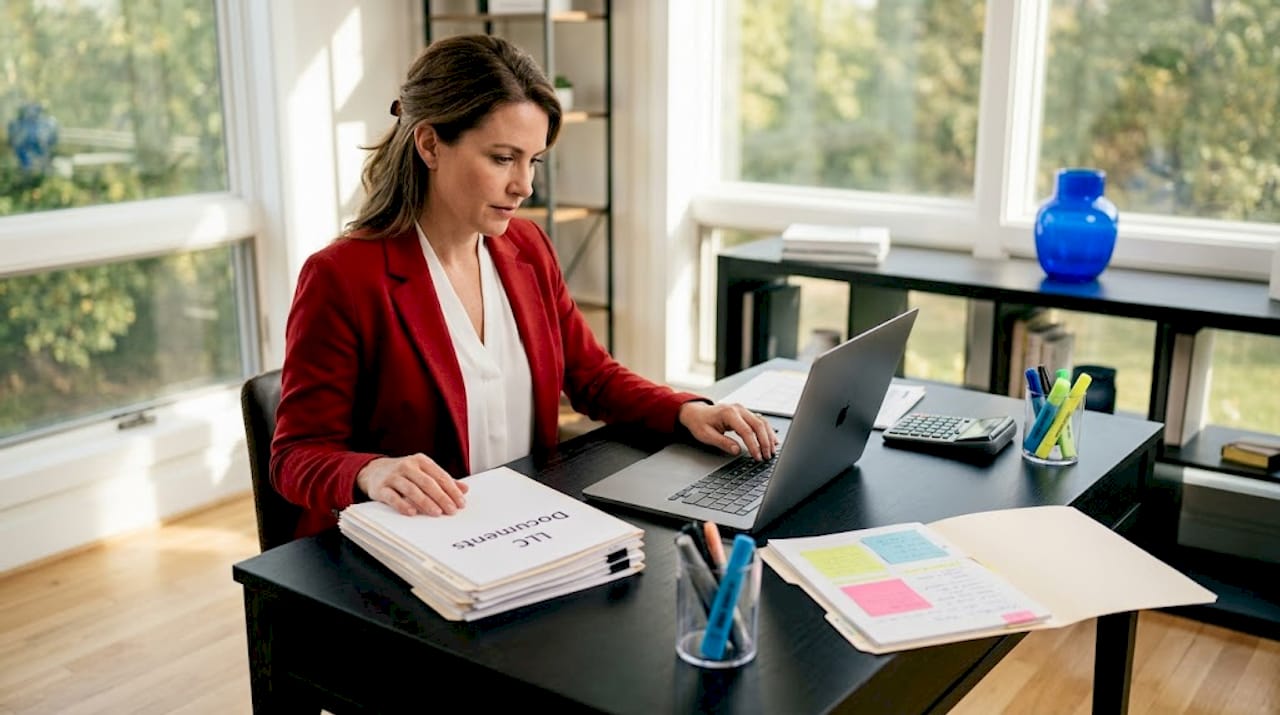 Woman filing rental LLC paperwork at home office table