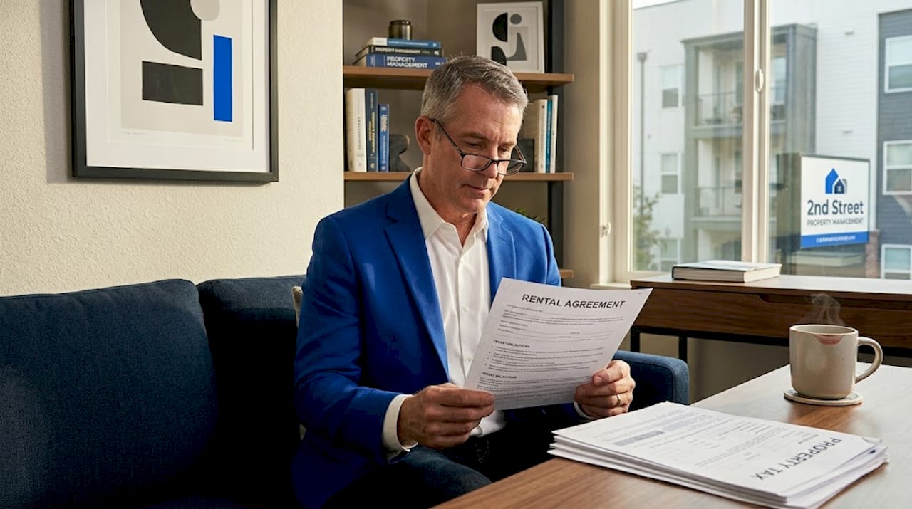 Landlord reviewing documents in sunlit living room