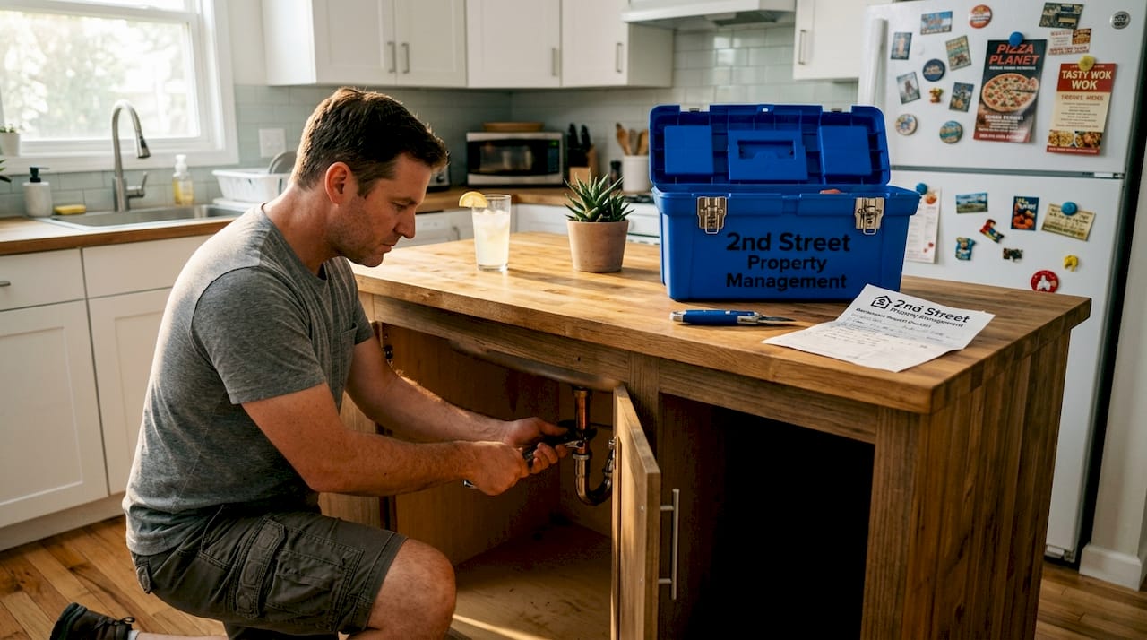 Handyman fixes kitchen pipe in rental unit