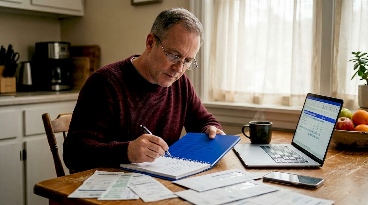 Landlord reviews finances in apartment kitchen