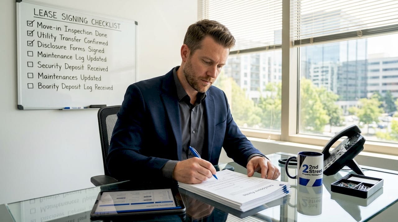 Landlord reviewing rental disclosure paperwork