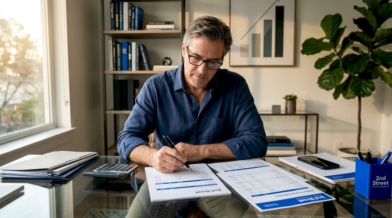 Investor reviewing rental income paperwork