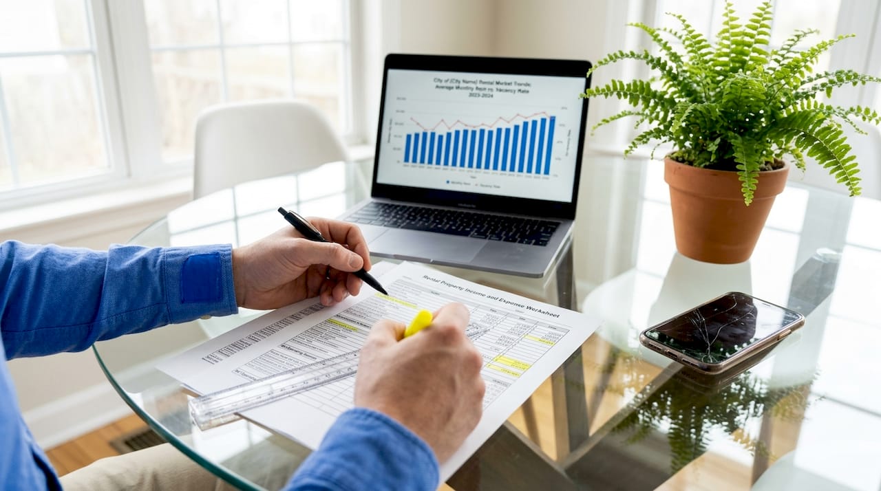 Hands analyzing rental income and expense worksheet