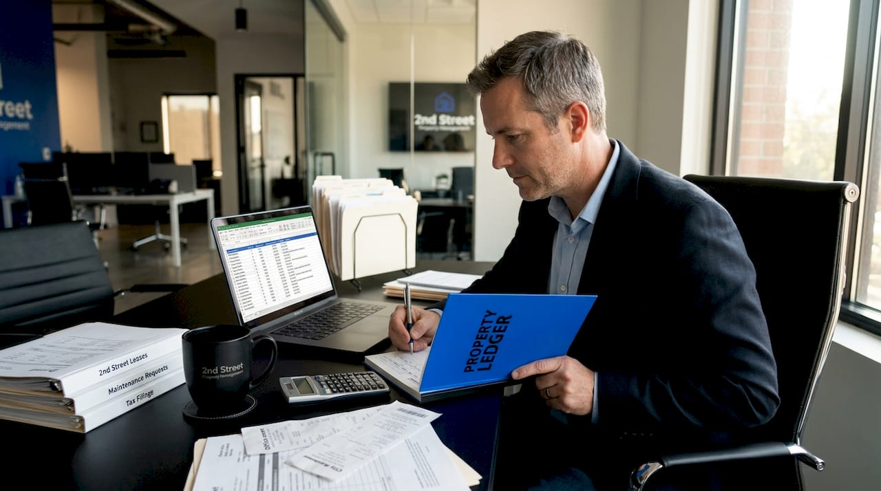 Landlord working on rental property bookkeeping