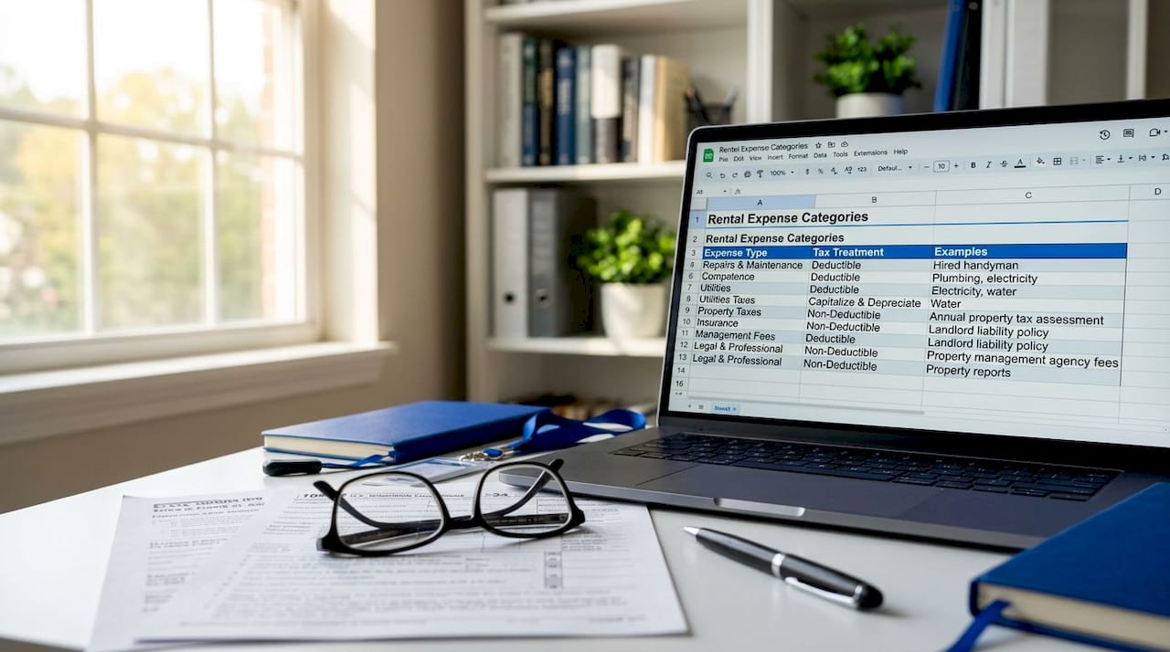 Laptop displaying rental expense categorization spreadsheet