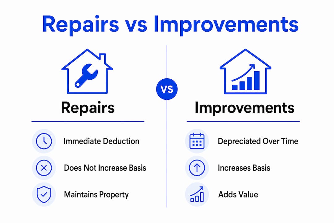 Infographic comparing repairs versus improvements for depreciation