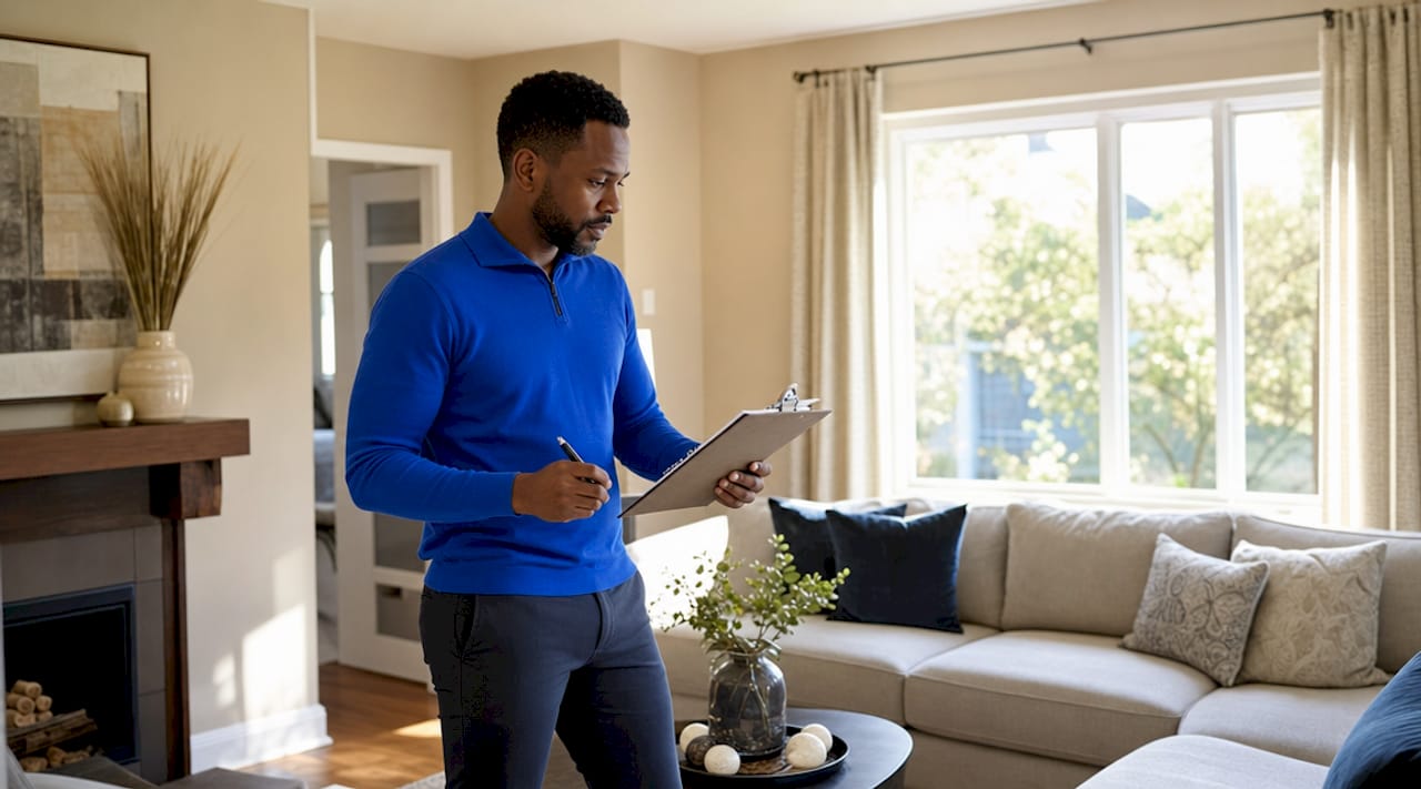 Landlord reviewing rental showing checklist outside