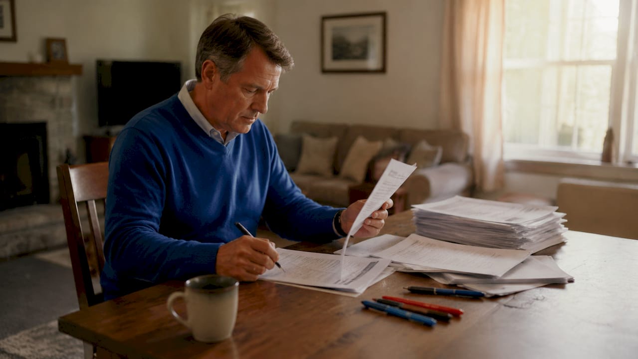 Landlord reviewing rental property documents at home
