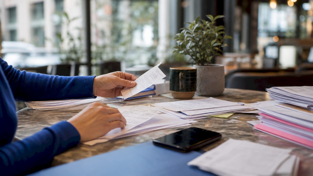 Hands organizing property management paperwork overhead view