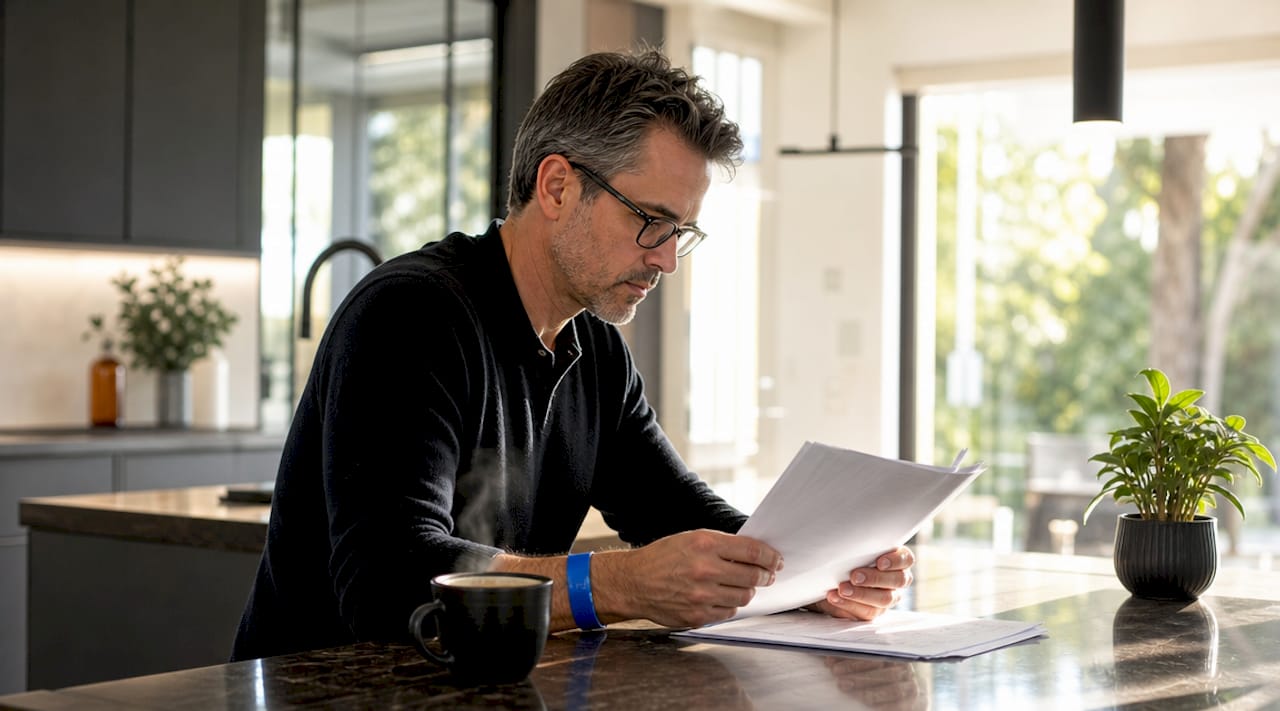 Man reviewing rental property legal documents at desk