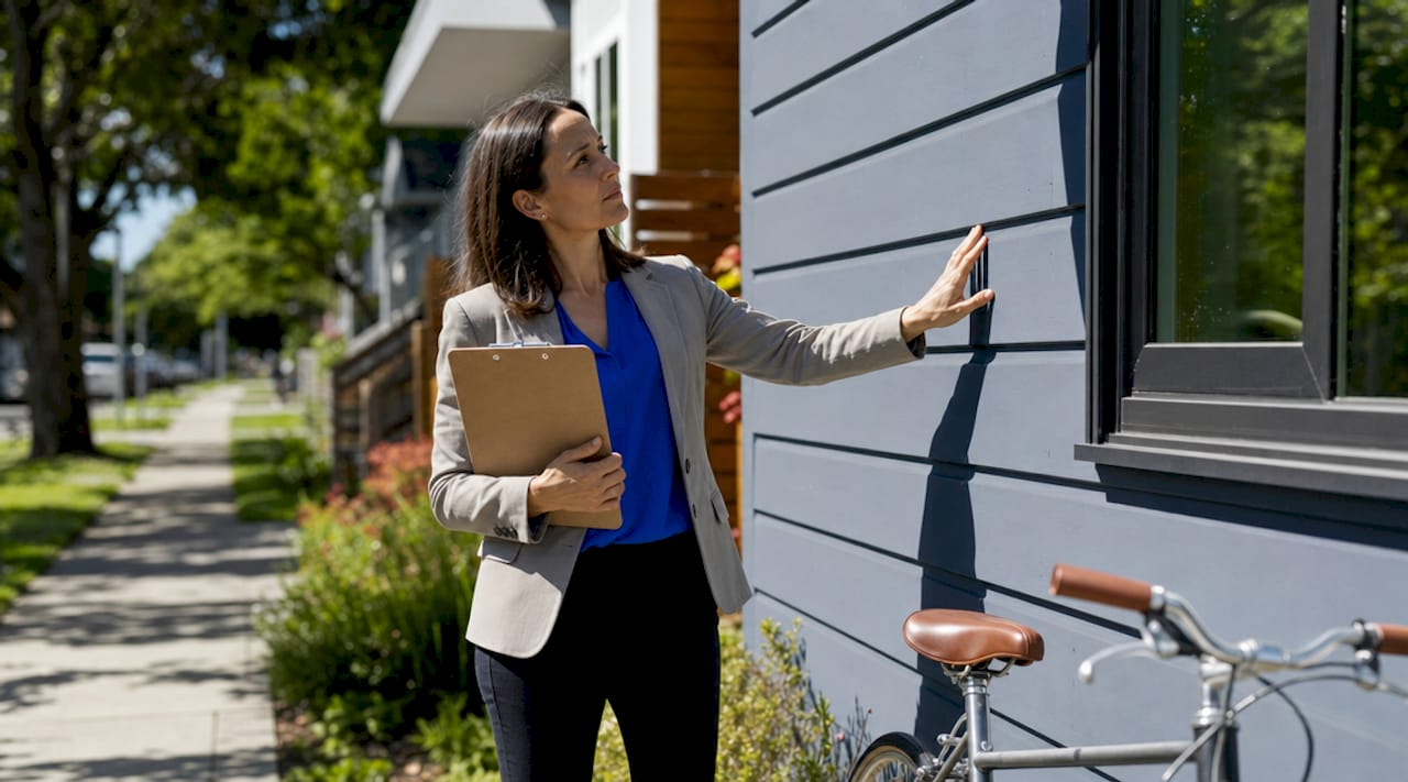 Property manager inspecting residential rental house exterior