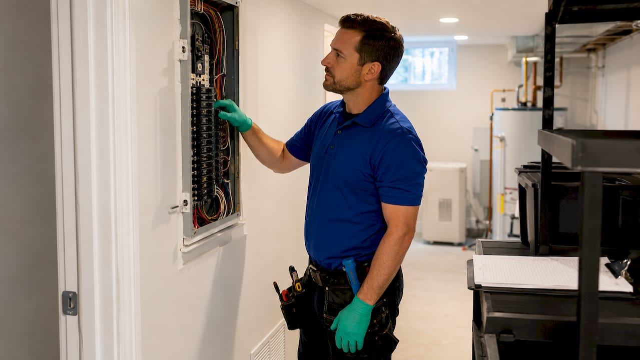 Home inspector checking electrical panel