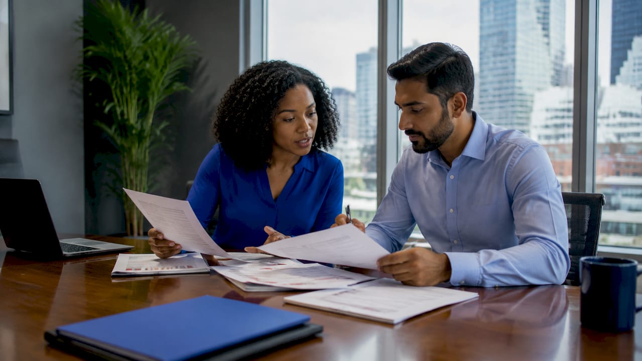 Two property managers discussing reports in office