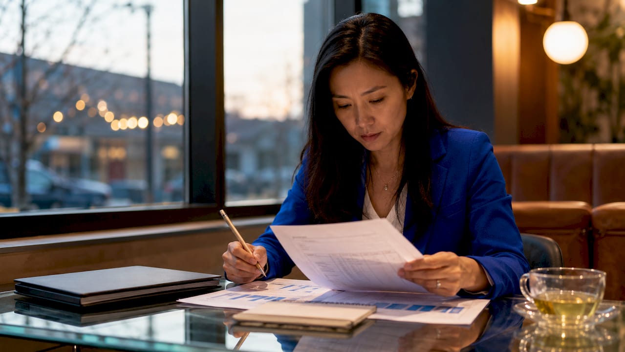 Investor reviewing rental property documents at home desk