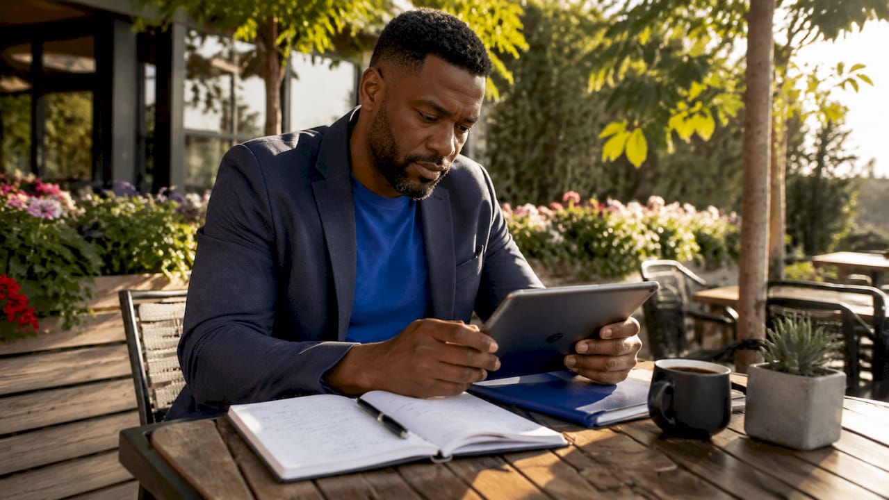 Investor at café planning rental portfolio on tablet